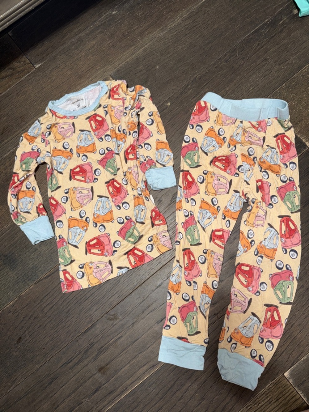 Kids Car-Print Pajama Set - Light Blue Trim